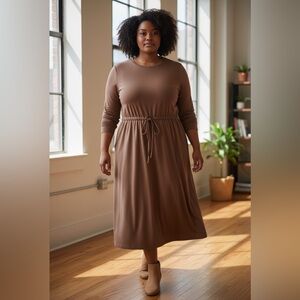 Classic Long Sleeve Drawstring Waist Midi Dress in Brown
